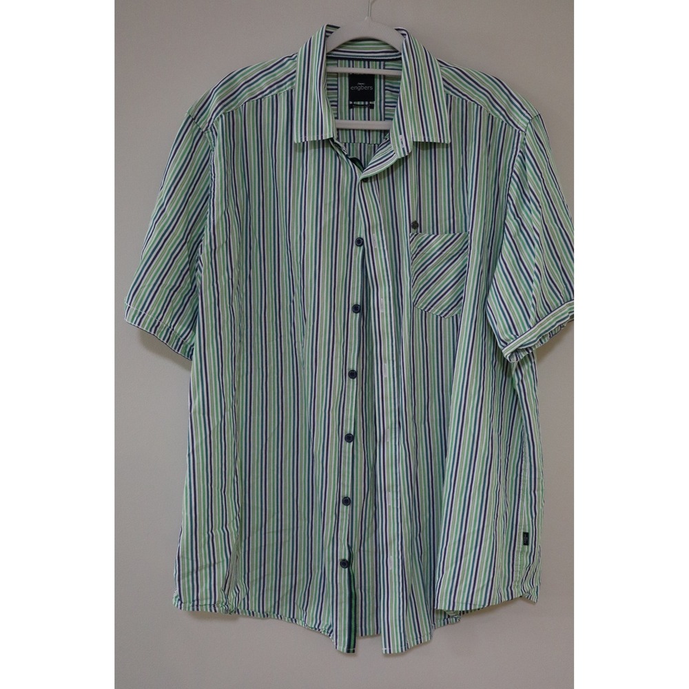 Preppy Coastal Engbers Button Down Shirt XL Green Navy Striped Regular Fit